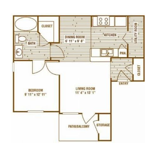 The A1 1 bed, 1 bath floor plan.