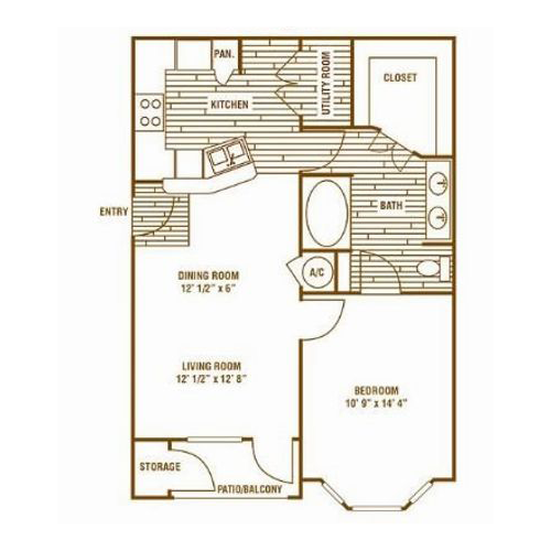 The A2 1 bed, 1 bath floor plan.