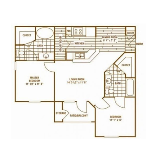 The B1 2 bed, 2 bath floor plan.