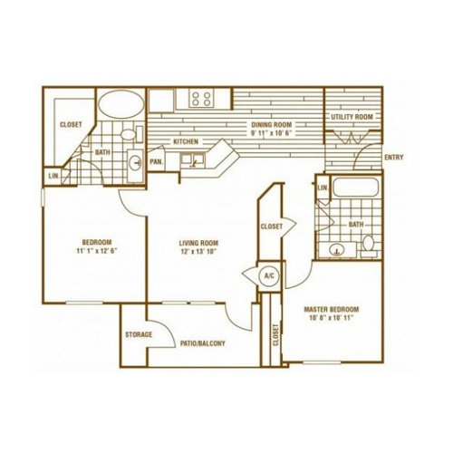 The B2 2 bed, 2 bath floor plan.