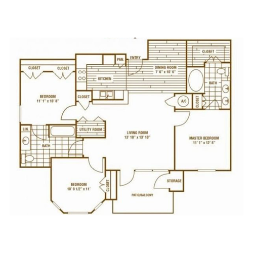 The C1 3 bed, 2 bath floor plan.