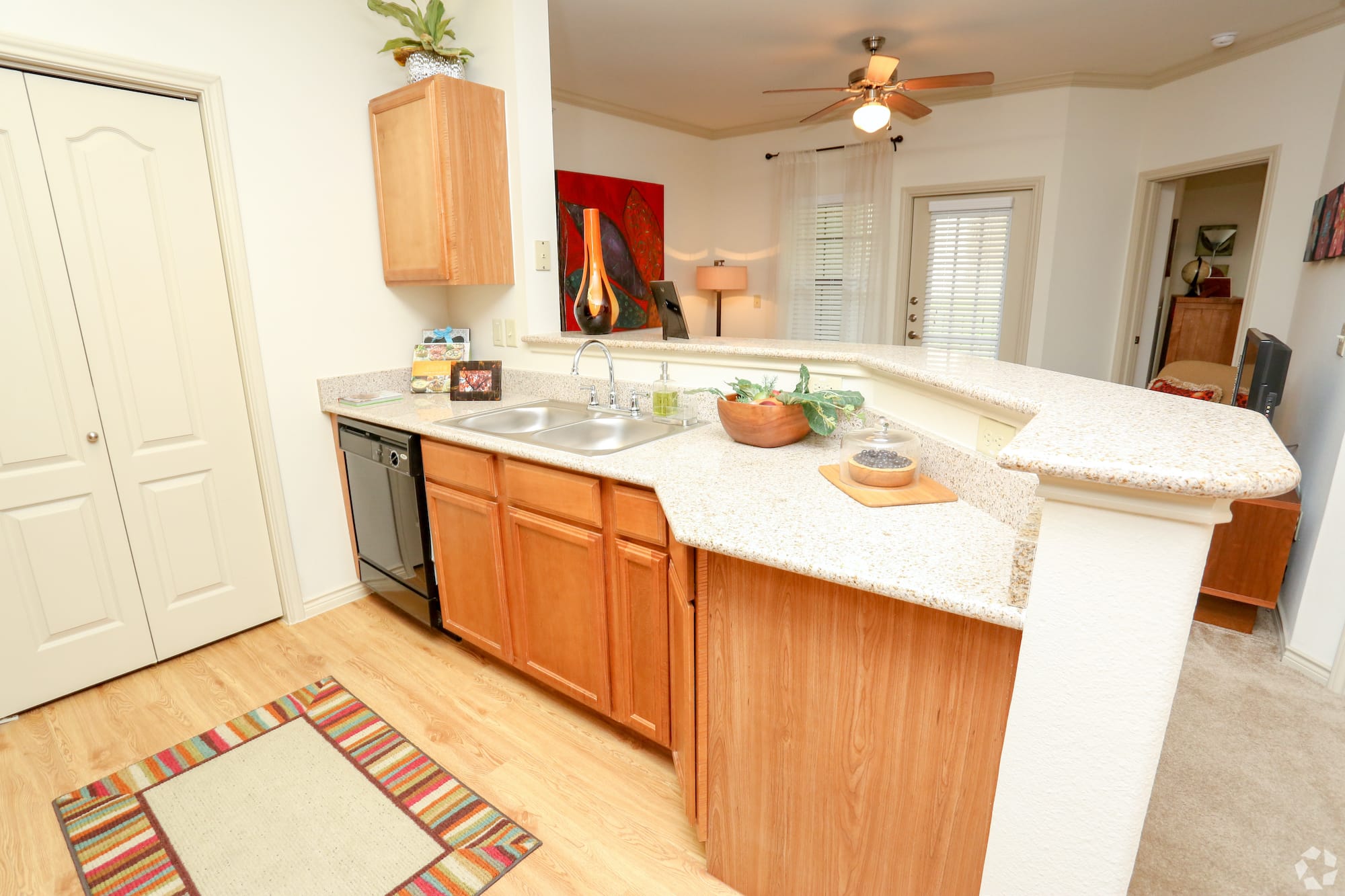 A look from the kitchen into the living room showing an open floor plan and wide space as well as a pantry double door.