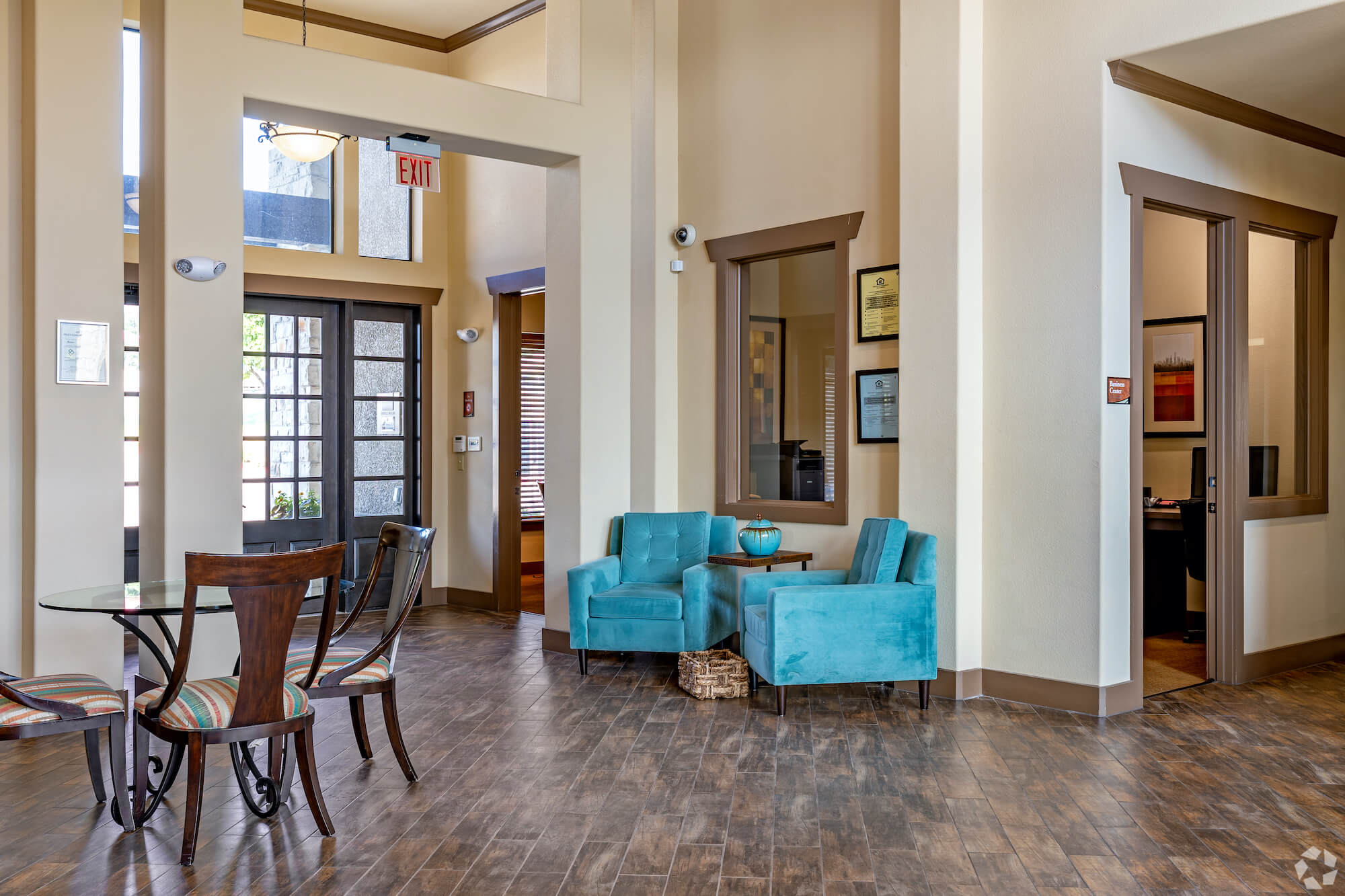 The lobby in the leasing office with plenty of seats.