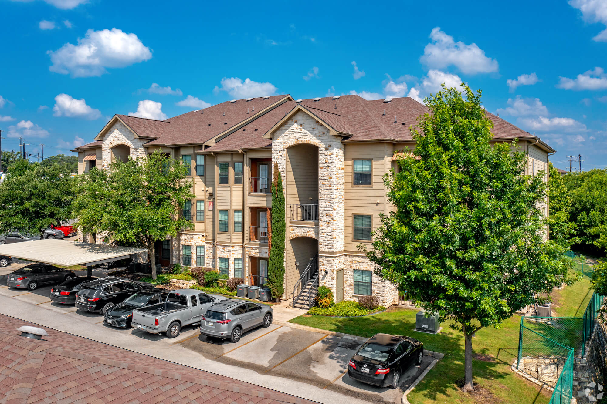 An aerial look at the Carmel Canyon apartment buildings.